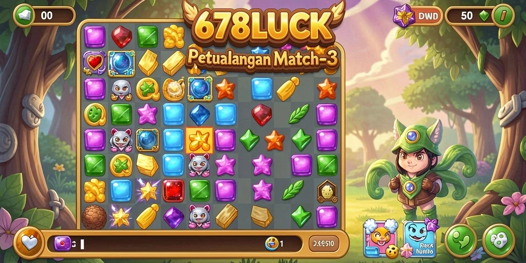 Screenshot utama 678LUCK menunjukkan gameplay seru match-3 dengan grafik yang memukau.