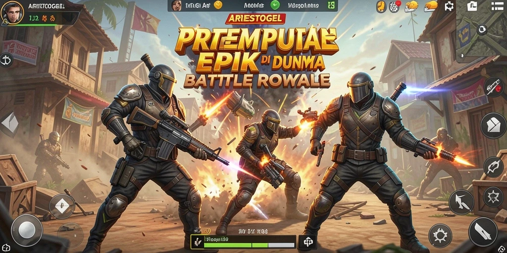 Screenshot ARIESTOGEL menampilkan aksi seru di medan pertempuran Battle Royale.