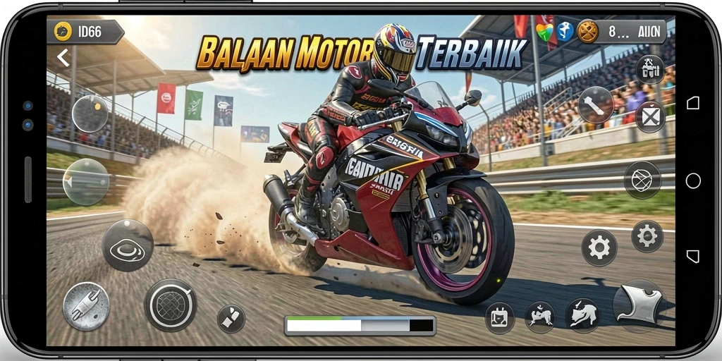 Screenshot ID66 menampilkan aksi balapan motor yang mendebarkan dan realistis.