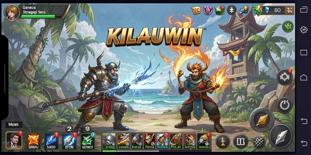 Tampilan gameplay mengasyikkan dalam KILAUWIN, memperlihatkan strategi dan pertempuran di kerajaan.