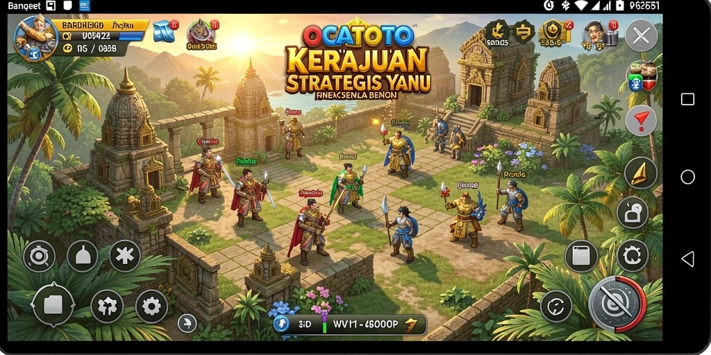 Tampilan gameplay menunjukkan pertempuran dinamis dan pembangunan kerajaan.