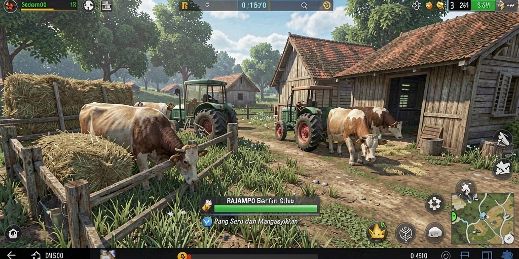 Tampilan gameplay menarik dari RAJAMPO dengan ladang yang luas.