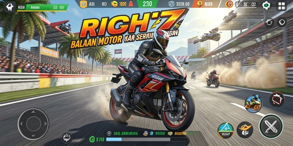 Tangkapan layar RICH7 yang menampilkan aksi balapan motor yang seru.