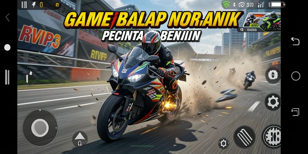 Gameplay RVIP3 menampilkan balapan motor yang cepat dan mendebarkan.