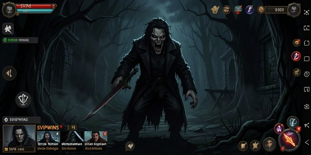 Screenshot gameplay SVIPWINS menampilkan kegelapan dan ketegangan horor.